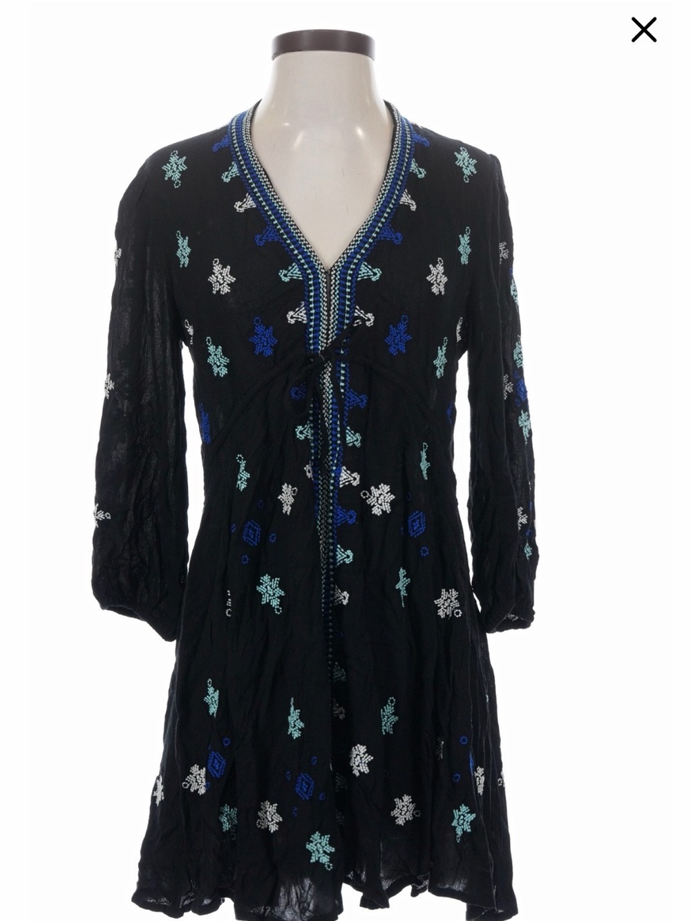 Black Embroidered V-Neck Tunic dress with Blue & Teal Accents
